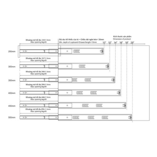 Thông số Ray bi 3 tầng giảm chấn GrandX XV.M400-1